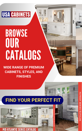 Graphic made with a combination of kitchen cabinet pictures. The graphic has a heading that reads "Browse our catalogs", and a subheading that reads "Wide range of premium cabinets, styles, and finishes. Find your perfect fit."
