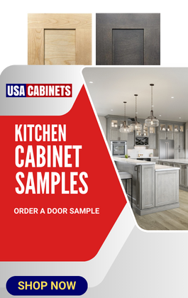Graphic with a picture of a kitchen on the right hand side, and a heading on the left hand side that reads "Kitchen Cabinet Samples", and a subheading that reads "Order a door sample. Shop now." At the top of the graphic, there are closeup pictures of two cabinet doors poking out from behind the graphic.