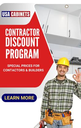 Graphic with a picture of kitchen cabinets in the back, and a picture of a smiling contractor in the front who is holding up a hand gesture which shows satisfaction. The graphic has a heading that reads "Contractor discount program", and a subheading that reads "Special prices for contractors & builder. Learn more."