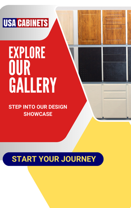 Graphic made with a combination of cabinet door pictures. The graphic has a heading that reads "Explore our gallery", and a subheading that reads "Step into our design showcase. Start your journey."
