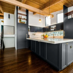A kitchen with Maple Cyberspace cabinets.