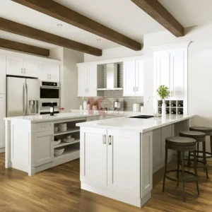 A ktichen with Shaker Ivory cabinets.