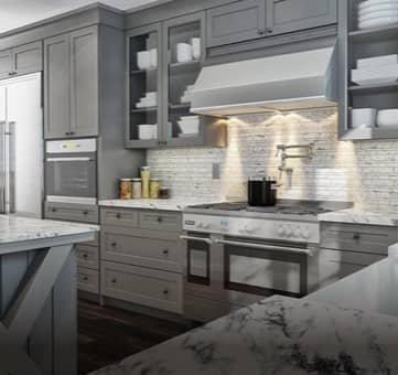 A kitchen with grey cabinets.