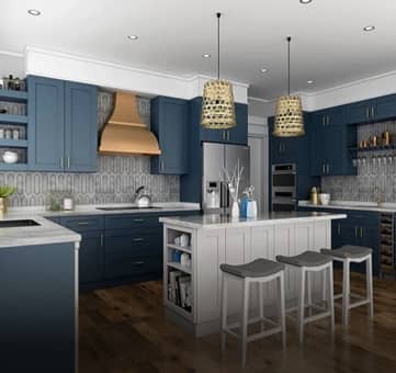A modern kitchen with blue cabinets.