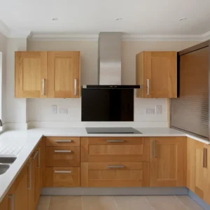 A kitchen with Maple Honey cabinets.