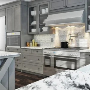 A kitchen with Shaker Grey cabinets.