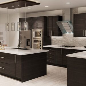 A kitchen with Torino Dark Wood cabinets.
