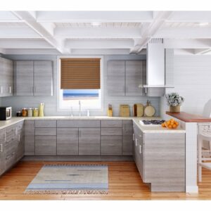 A kitchen with Torino Grey Wood cabinets.