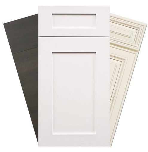 A shaker white cabinet door at the very front, with a maple pearl cabinet door poking out from the right side and behind the shaker white door, and a torino dark wood cabinet door poking out from the left side and behind the shaker white door.