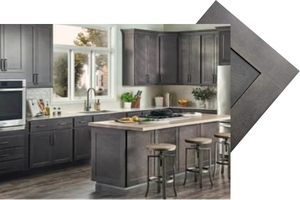 A kitchen with maple ash grey cabinets in the front, and with a closeup image of a maple ash grey cabinet door poking out from the top right side of the kitchen cabinet picture.