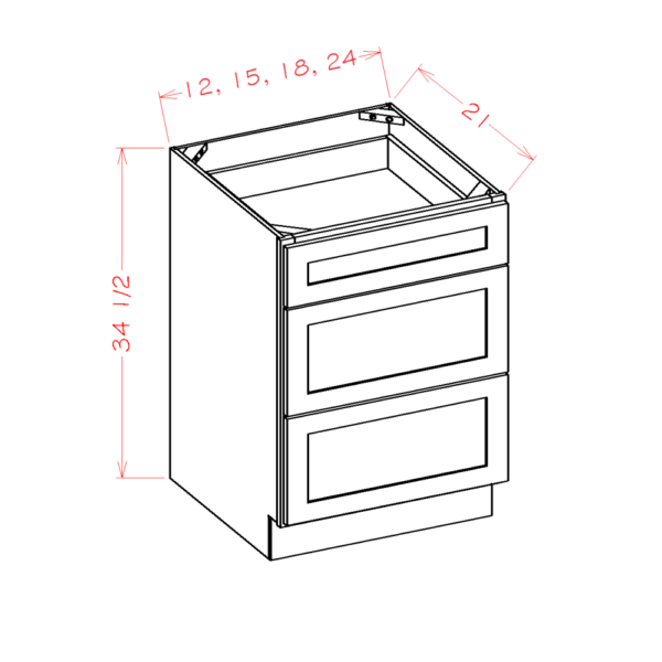 3VDB24 Torrance White 3 Drawer Vanity Base Cabinet