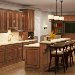 A kitchen with casselberry saddle cabinets.