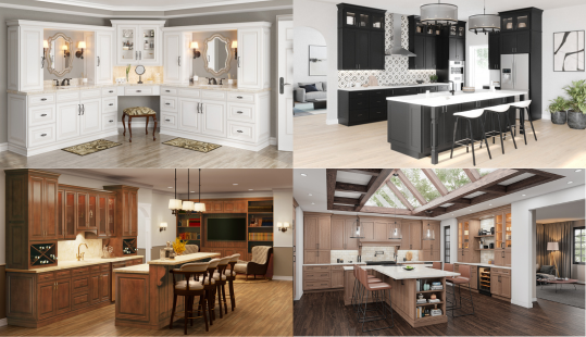 A collage of kitchen cabinets and bathroom vanities.