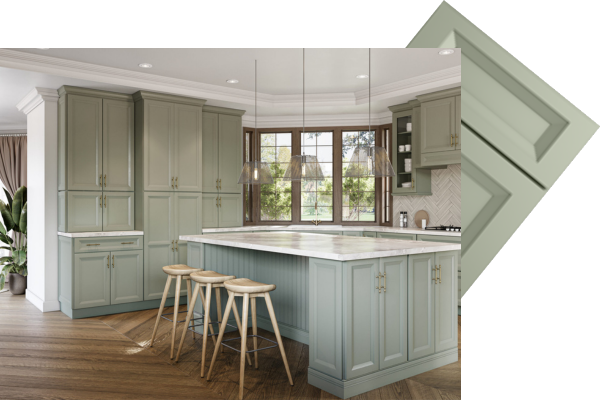 A kitchen with maple green cabinets in the front, and with a closeup image of a maple green cabinet door poking out from the top right side of the kitchen cabinet picture.