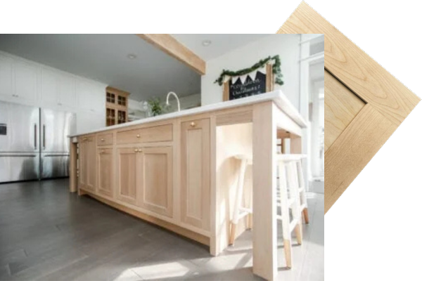 A kitchen with maple natural/unfinished cabinets in the front, and with a closeup image of a maple natural/unfinished cabinet door poking out from the top right side of the kitchen cabinet picture.