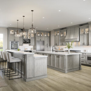 A kitchen with oxford mist cabinets.