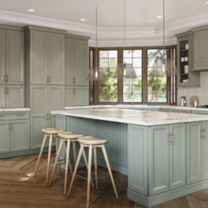 A kitchen with Oxford Sage cabinets.