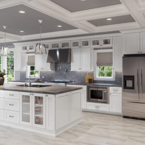 A kitchen with Shaker White cabinets.