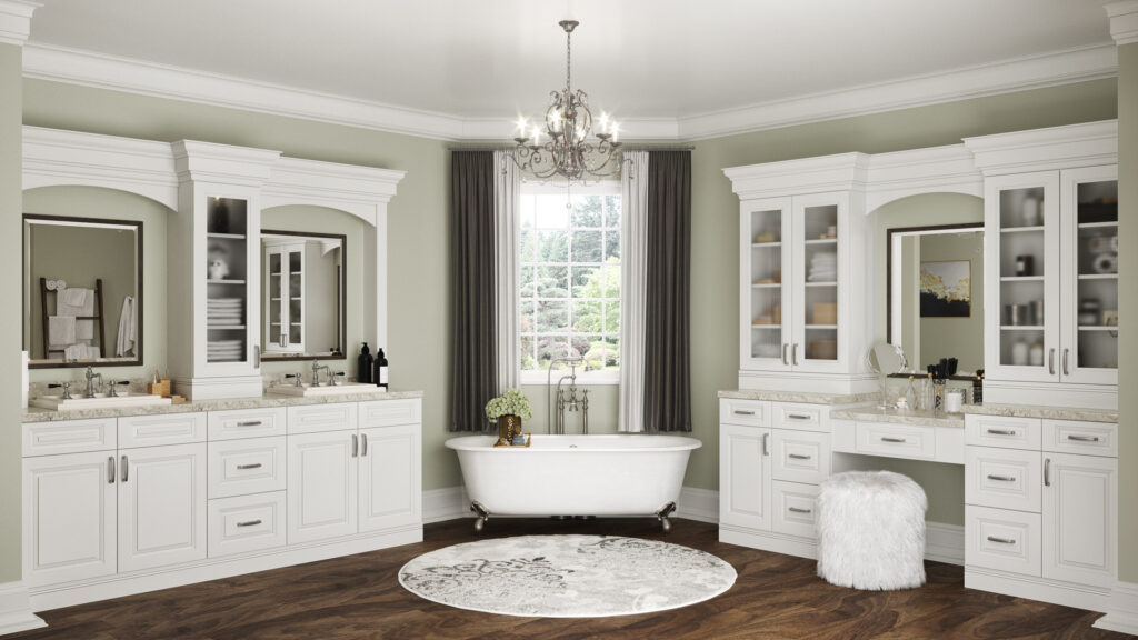 A bathroom with Torrance White cabinets.