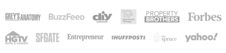 Side by side images of logos of companies/brands/well known names. From these names are "Grey's Anatomy, BuzzFeed, diy network, apartment therapy, Property Brothers, Forbes, HGTV Home & Garden, SFGATE, Entrepreneur, HUFFPOST, the spruce, yahoo".