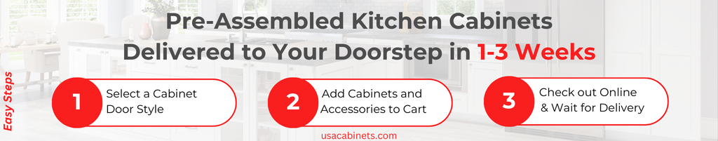 A banner outlining the easy steps to have pre-assembled cabinets delivered. There is a heading that reads "Pre-assembled kitchen cabinets delivered to your doorstep in 1-3 weeks". There are three steps listed out which read "Select a cabinet door style, Add cabinets and accessories to cart, Check out online & wait for delivery".
