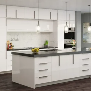 A kitchen with palermo gloss white cabinets.
