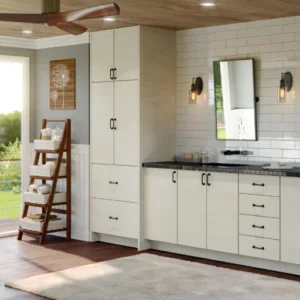 A kitchen with torino white pine cabinets.