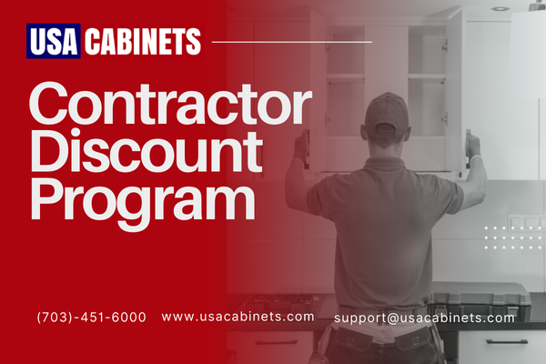 Graphic with an image of a professional opening cabinet doors on the right side, and text on the left side which reads "Contractor Discount Program".