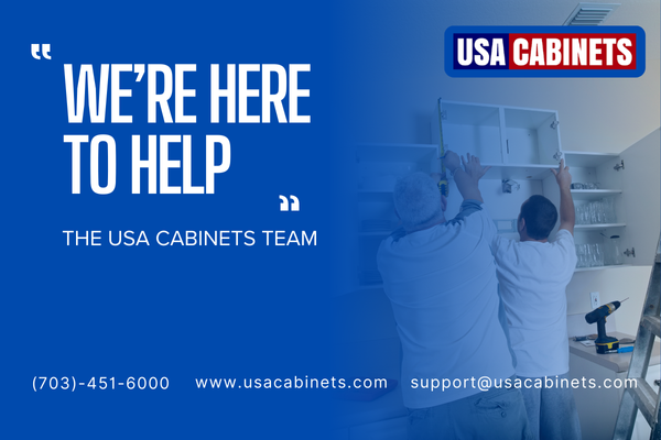 Graphic with an image of two men installing a cabinet on the right side, and on the left side text which reads "We're here to help".