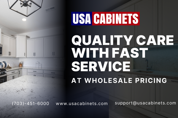 Graphic with a kitchen on the left side and text on the right side which reads "Quality care with fast service at wholesale pricing".